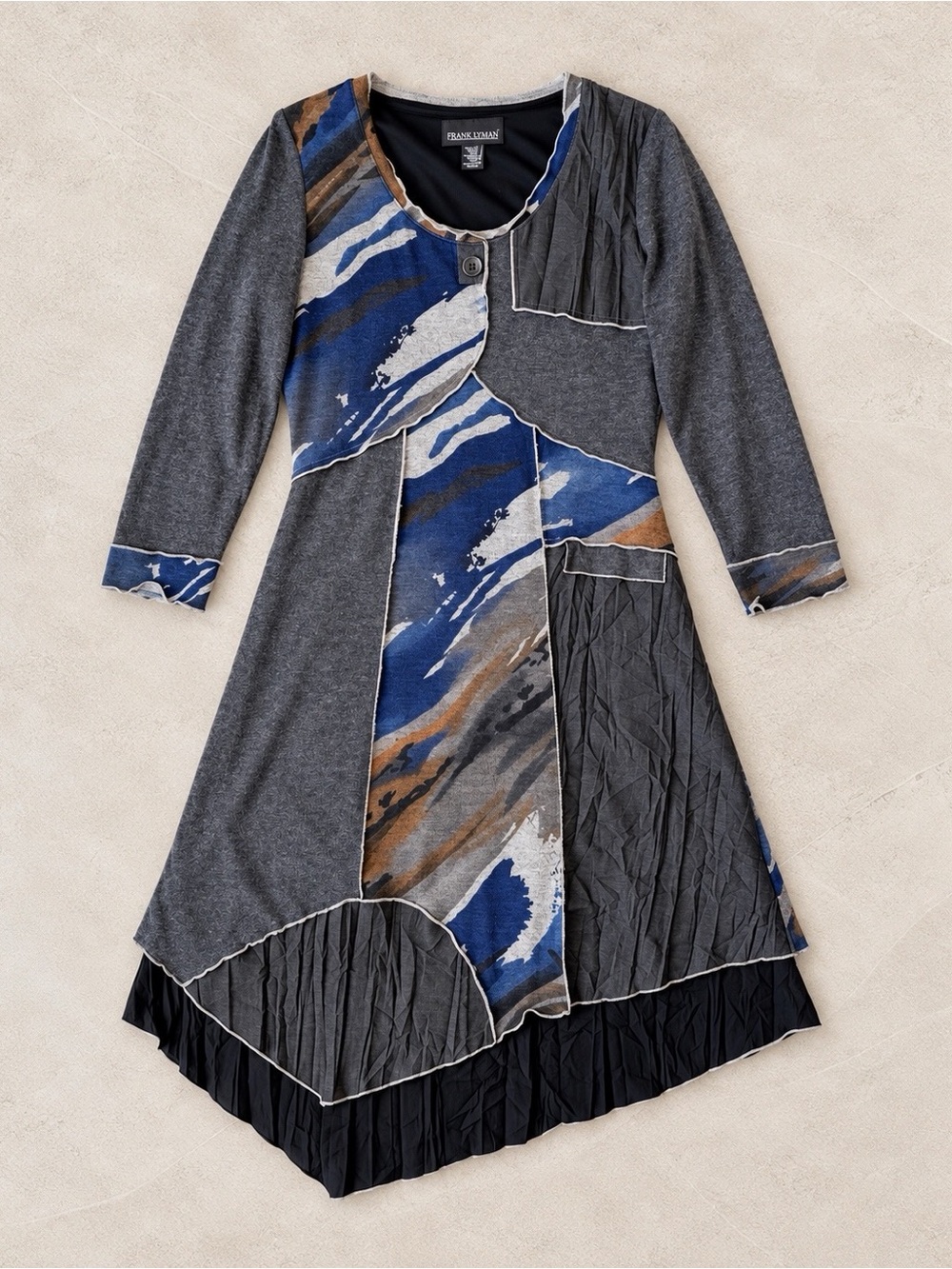VTG Woman Gray Patchwork Asymmetrical Flare Dress US8 Boho Peasant Folk Country